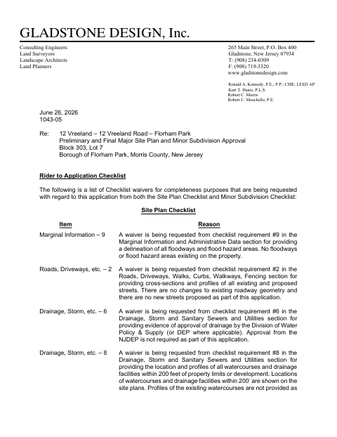 First page of the Rider to Application Checklist