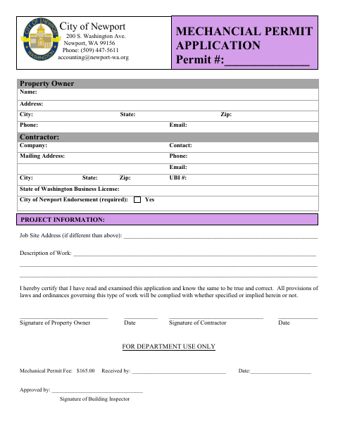 First page of the Mechanical Permit Application
