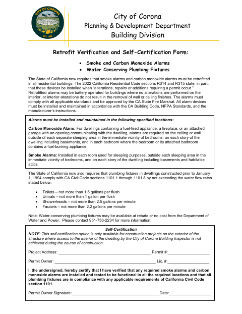 First page of the Retrofit Verification and Self-Certification Form