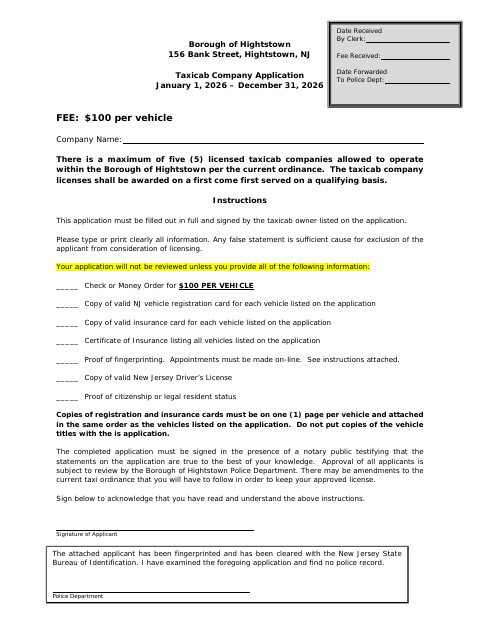First page of the Taxicab Company Application