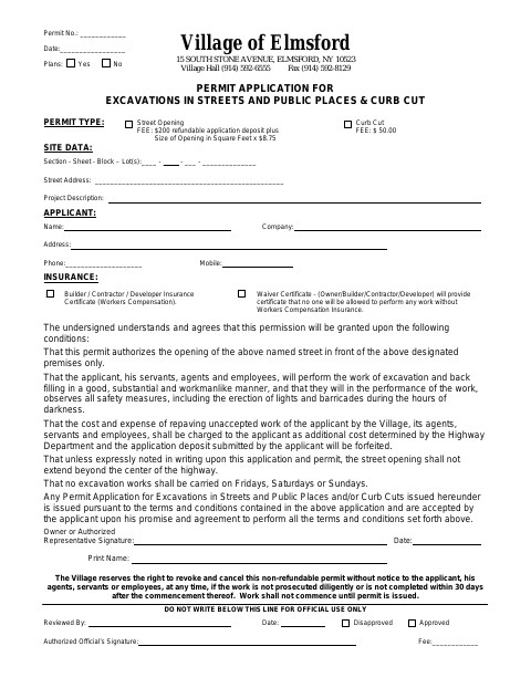 First page of the Permit Application for Excavations in Streets and Public Places and Curb Cut