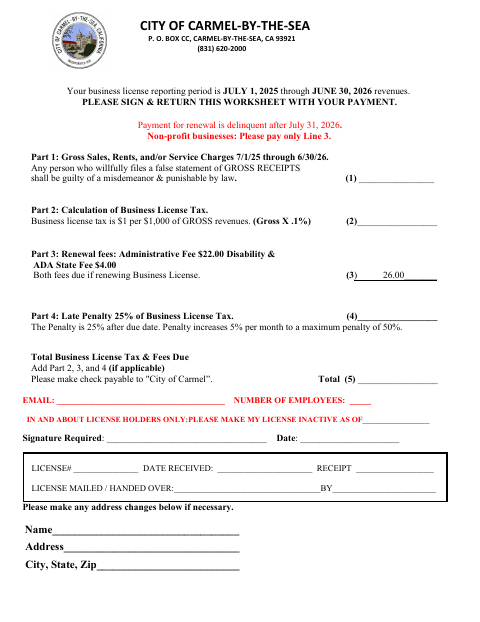 First page of the Business License Renewal Worksheet