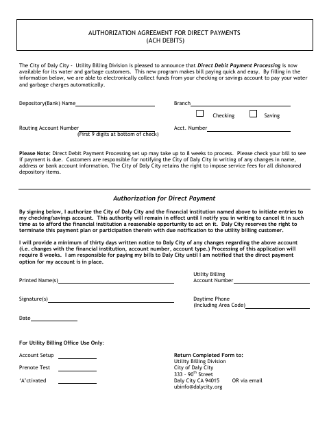 First page of the Authorization Agreement for Direct Payments (ACH Debits)