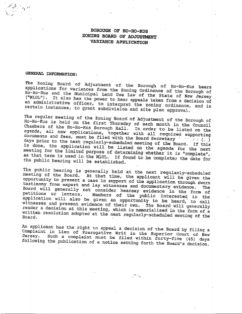 First page of the Zoning Board of Adjustment Variance Application