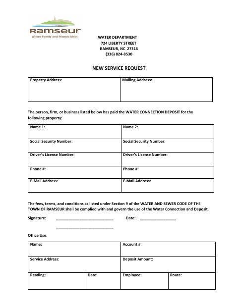 First page of the New Service Request