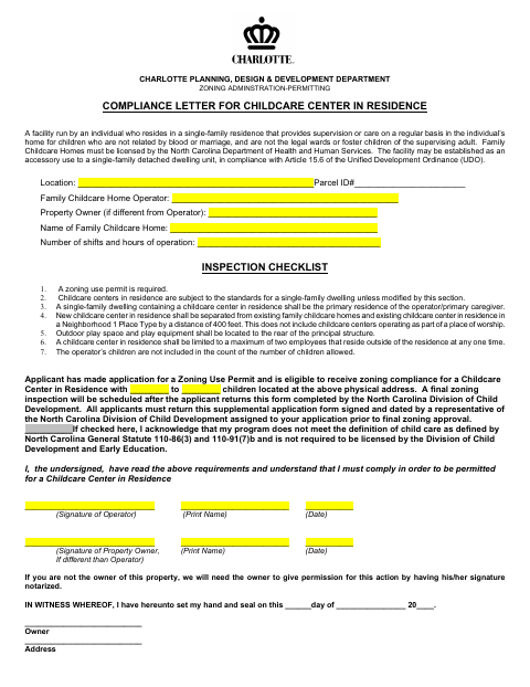 First page of the Compliance Letter for Childcare Center in Residence