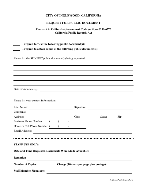 First page of the Request for Public Document