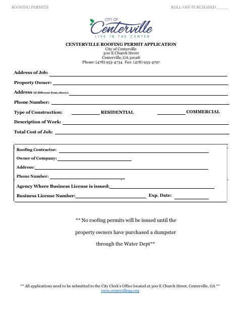 First page of the Roofing Permit Application
