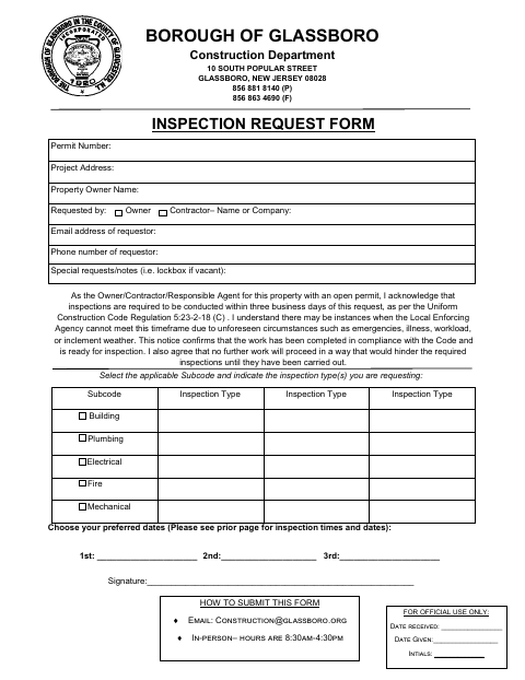 First page of the Construction Permit Inspection Request Form