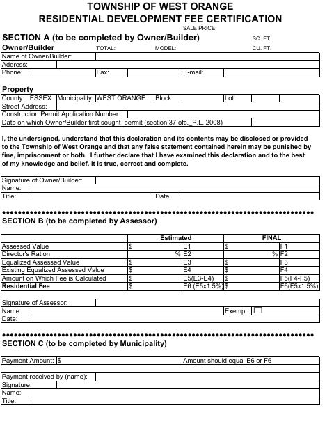 First page of the Residential Development Fee Certification