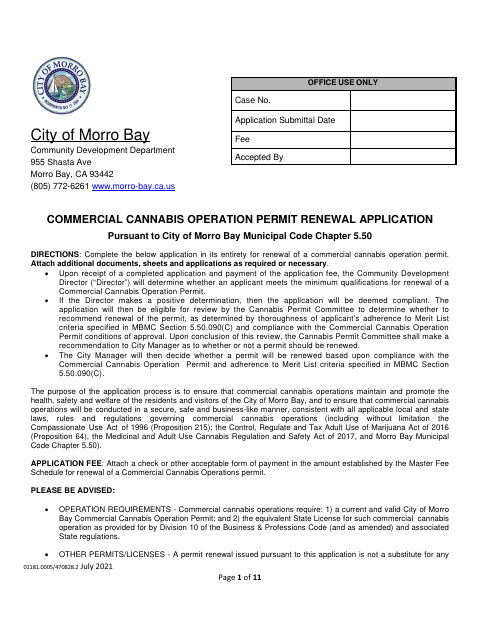 First page of the Commercial Cannabis Operation Permit Renewal Application