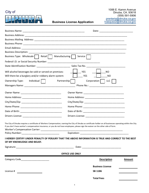 First page of the Business License Application for Contractors