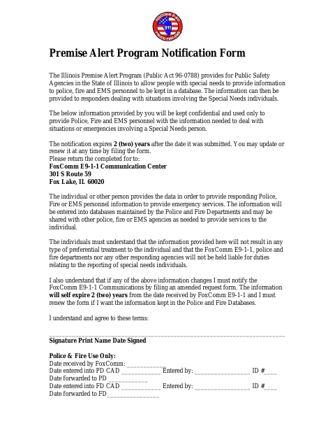 First page of the Premise Alert Program Notification Form