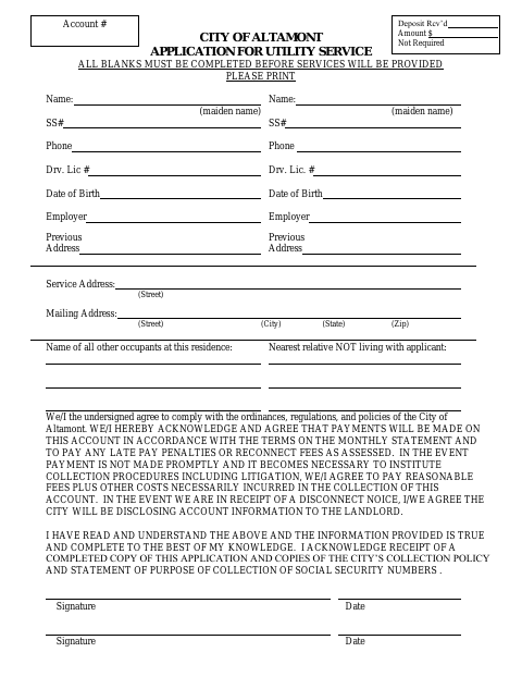 First page of the Application for Utility Service