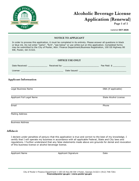 First page of the Alcoholic Beverage License Application (Renewal)