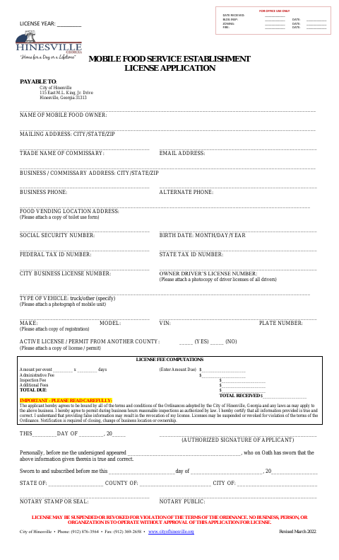 First page of the Mobile Food Service Establishment License Application