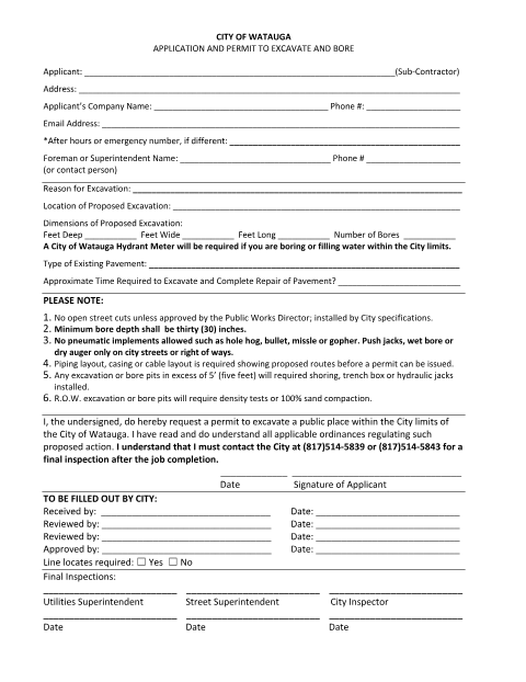 First page of the Excavate and Bore Application