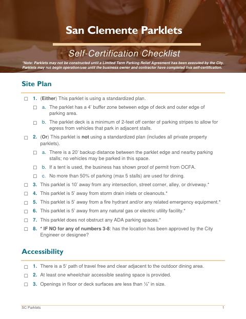 First page of the Parklet Self-Certification Checklist