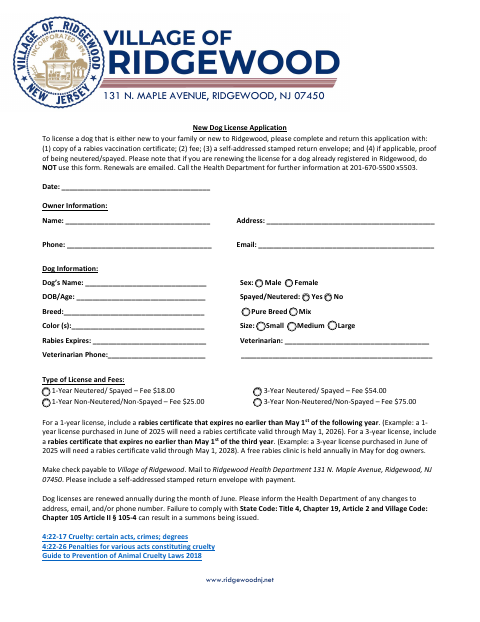 First page of the New Dog License Application