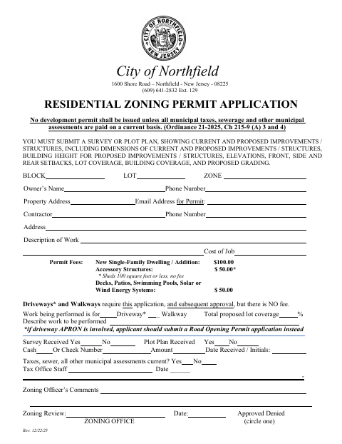First page of the Residential Zoning Permit Application