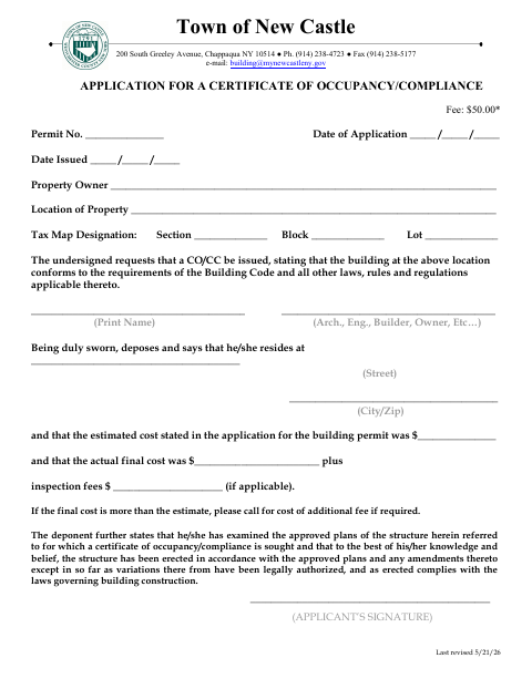 First page of the Application for a Certificate of Occupancy/Compliance