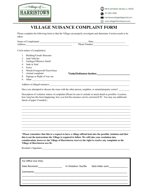 First page of the Village Nuisance Complaint Form