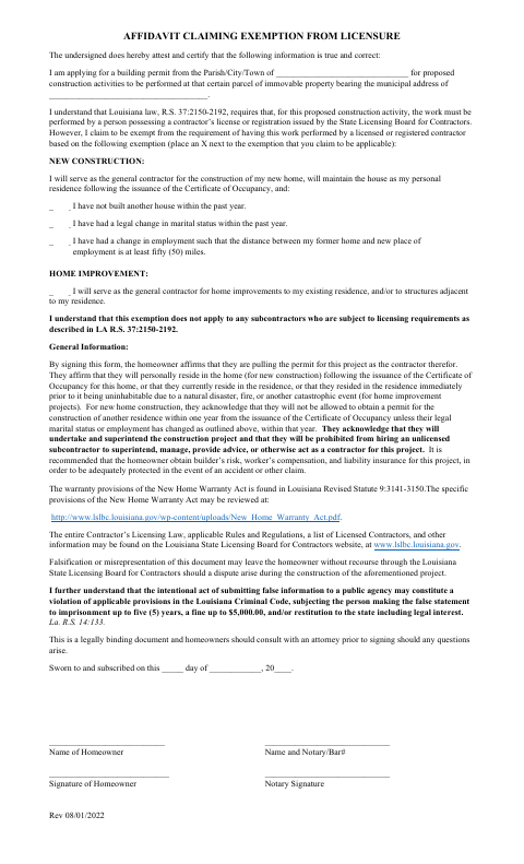 First page of the Affidavit Claiming Exemption From Licensure