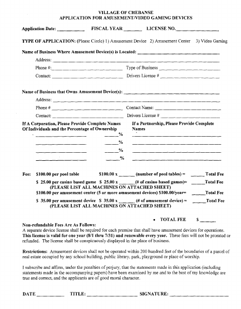 First page of the Application for Amusement/Video Gaming Devices