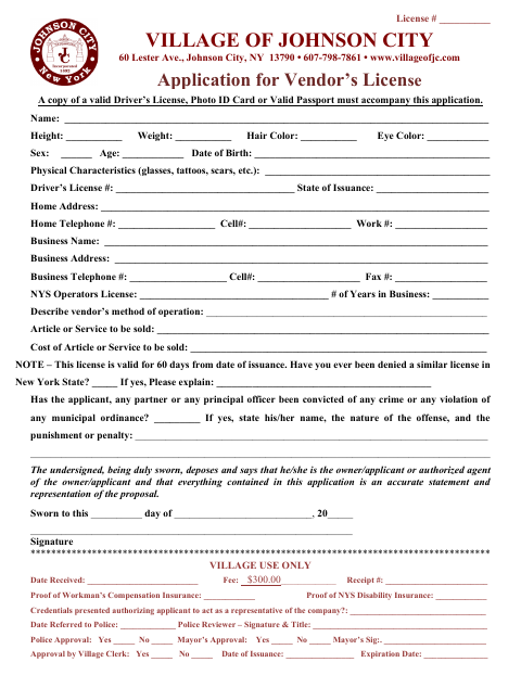 First page of the Vendor License Application
