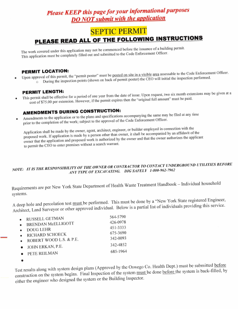 First page of the Septic System Permit Application