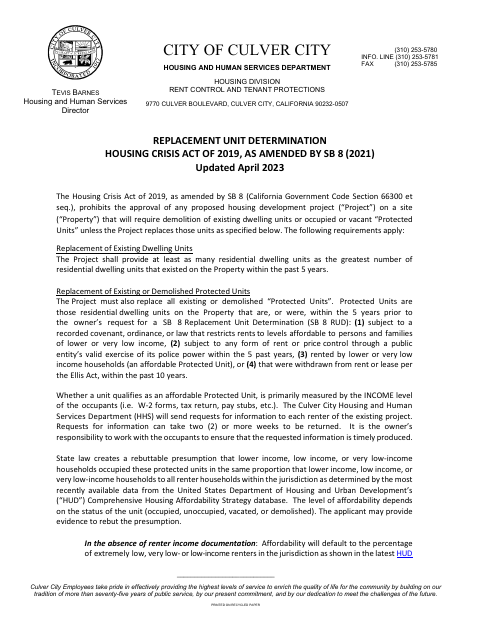 First page of the Replacement Unit Determination Application