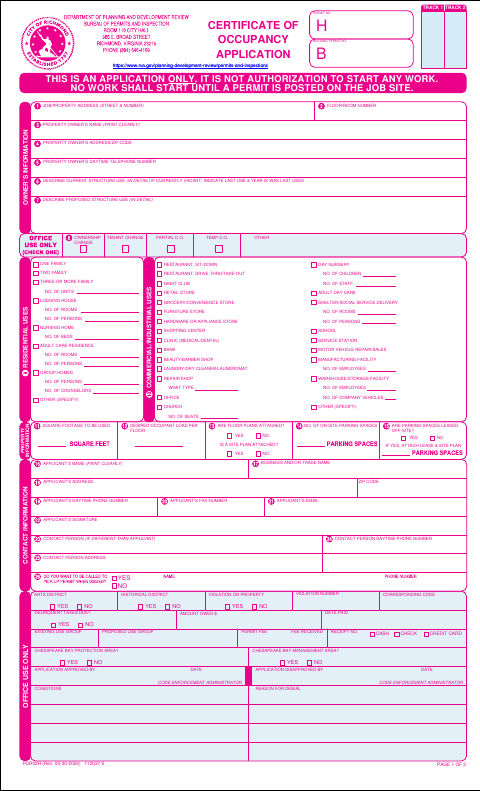 First page of the Certificate of Occupancy Application