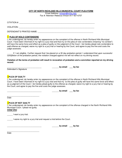 First page of the Municipal Court Plea Form
