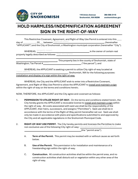 First page of the Right-of-Way Sign Indemnification Agreement