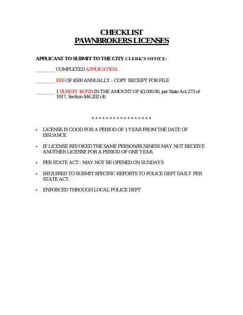 First page of the Pawnbroker License Application