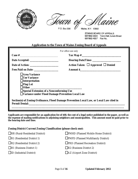 First page of the Zoning Board of Appeals Application