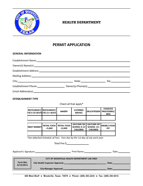 First page of the Health Department Permit Application
