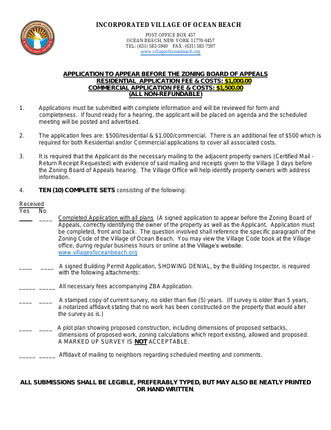 First page of the Application to Appear Before the Zoning Board of Appeals