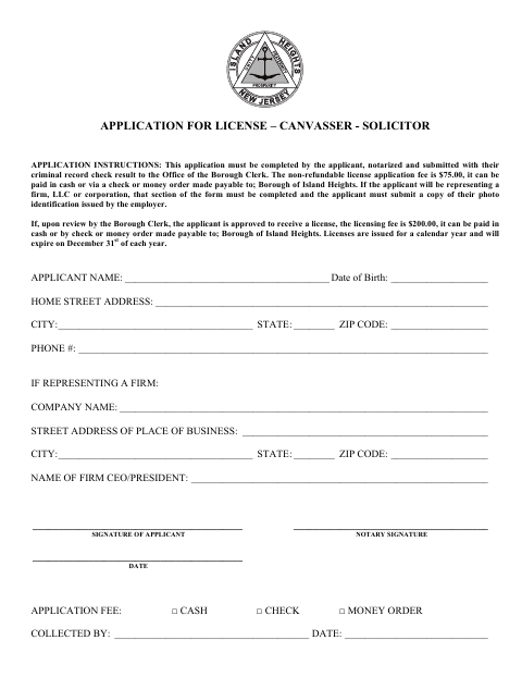 First page of the Canvasser and Solicitor License Application