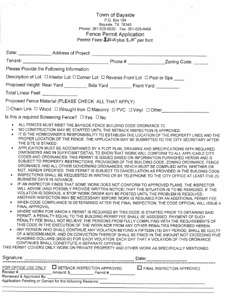 First page of the Fence Permit Application