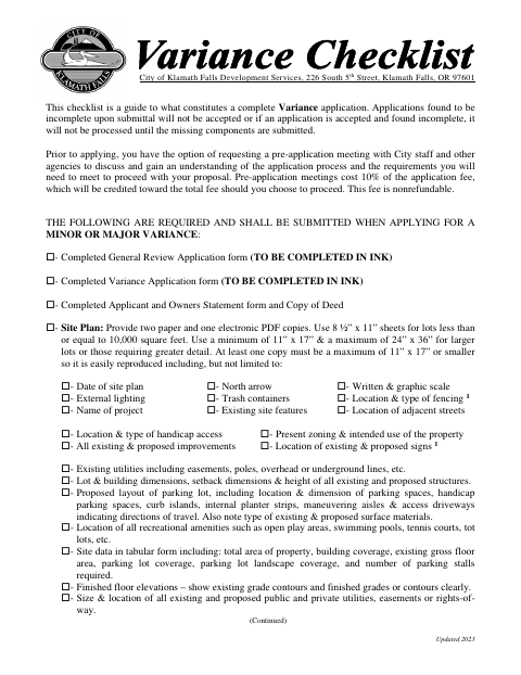 First page of the Variance Application