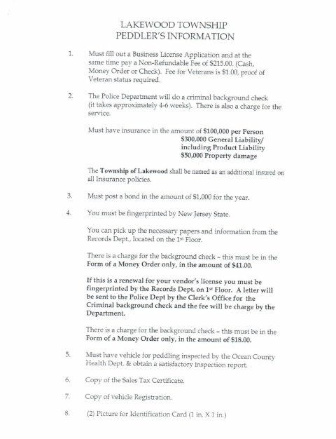 First page of the Peddler’s License Application