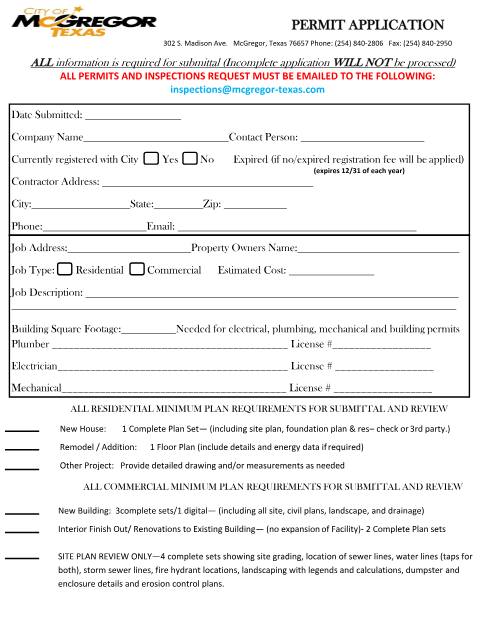 First page of the Building Permit Application