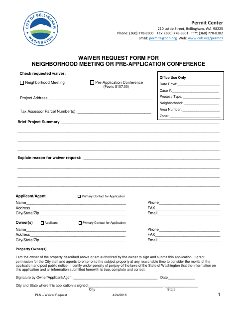 First page of the Waiver Request Form for Neighborhood Meeting or Pre-Application Conference