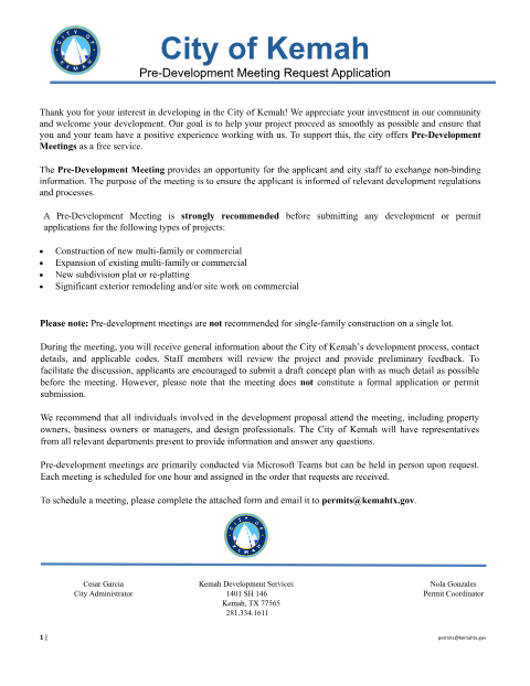 First page of the Pre-Development Meeting Request Application