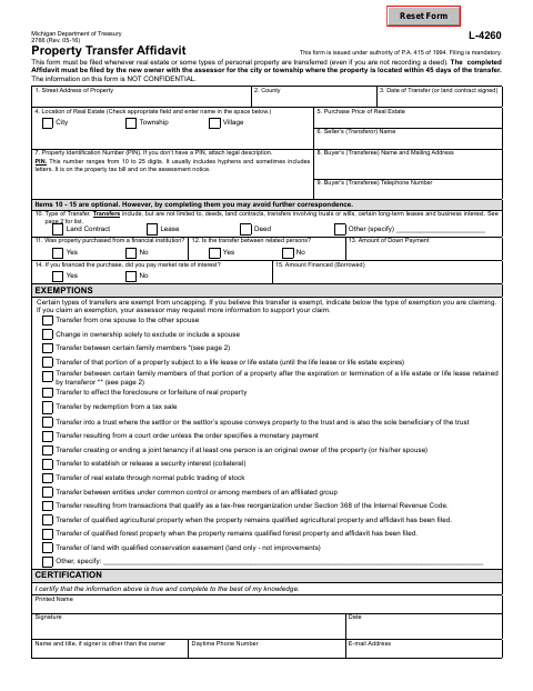 First page of the Property Transfer Affidavit