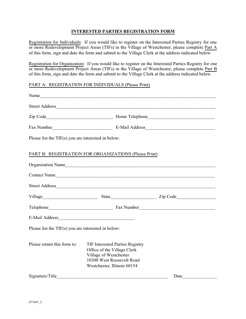 First page of the Interested Parties Registration Form for Redevelopment Areas