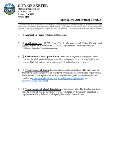 First page of the Annexation Application Checklist