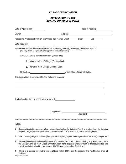 First page of the Application to the Zoning Board of Appeals