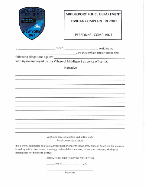 First page of the Police Civilian Complaint Form